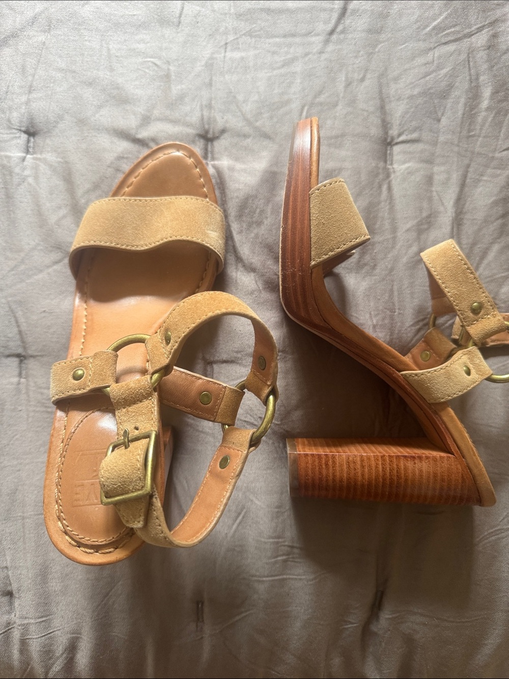 Frye Tan Suede Block Heel Strap Sandals